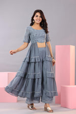 Thumbnail for Juniper Women's Grey Thread Embroidered Georgette Dress & Palazzo Set With Sequins & Lace - Distacart