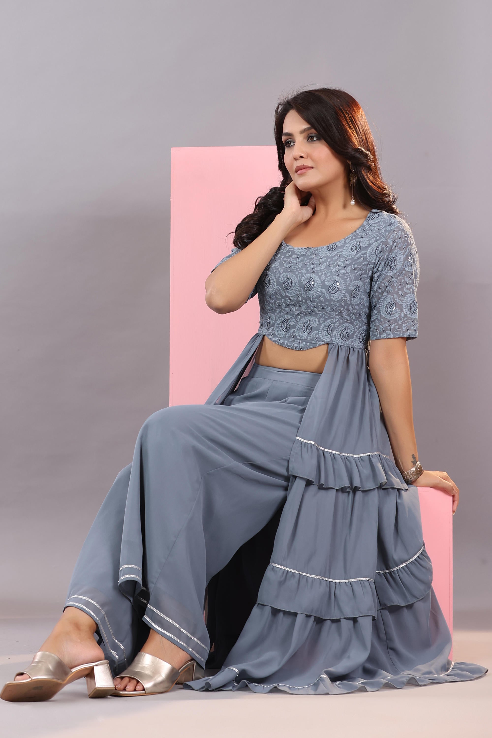 Juniper Women's Grey Thread Embroidered Georgette Dress & Palazzo Set With Sequins & Lace - Distacart