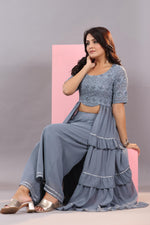 Thumbnail for Juniper Women's Grey Thread Embroidered Georgette Dress & Palazzo Set With Sequins & Lace - Distacart