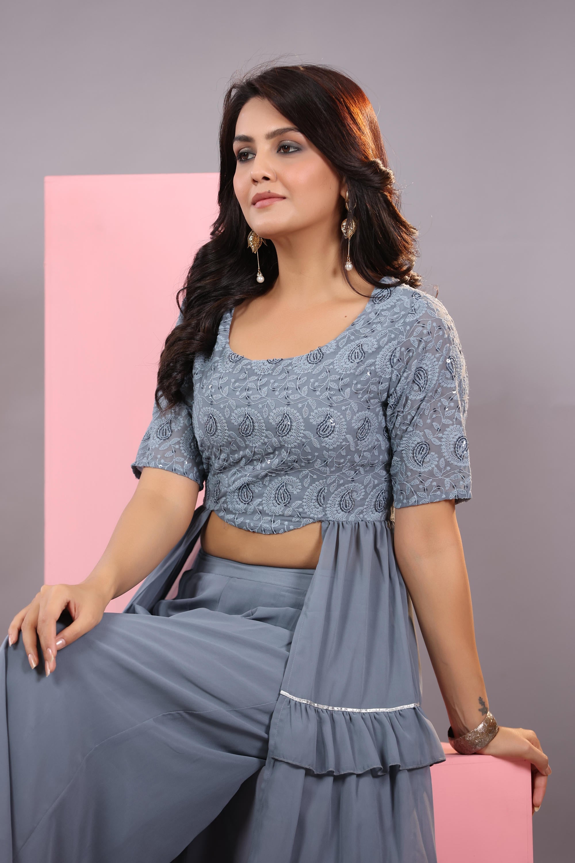 Juniper Women's Grey Thread Embroidered Georgette Dress & Palazzo Set With Sequins & Lace - Distacart