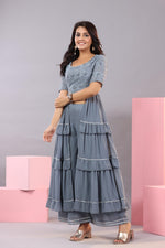 Thumbnail for Juniper Women's Grey Thread Embroidered Georgette Dress & Palazzo Set With Sequins & Lace - Distacart