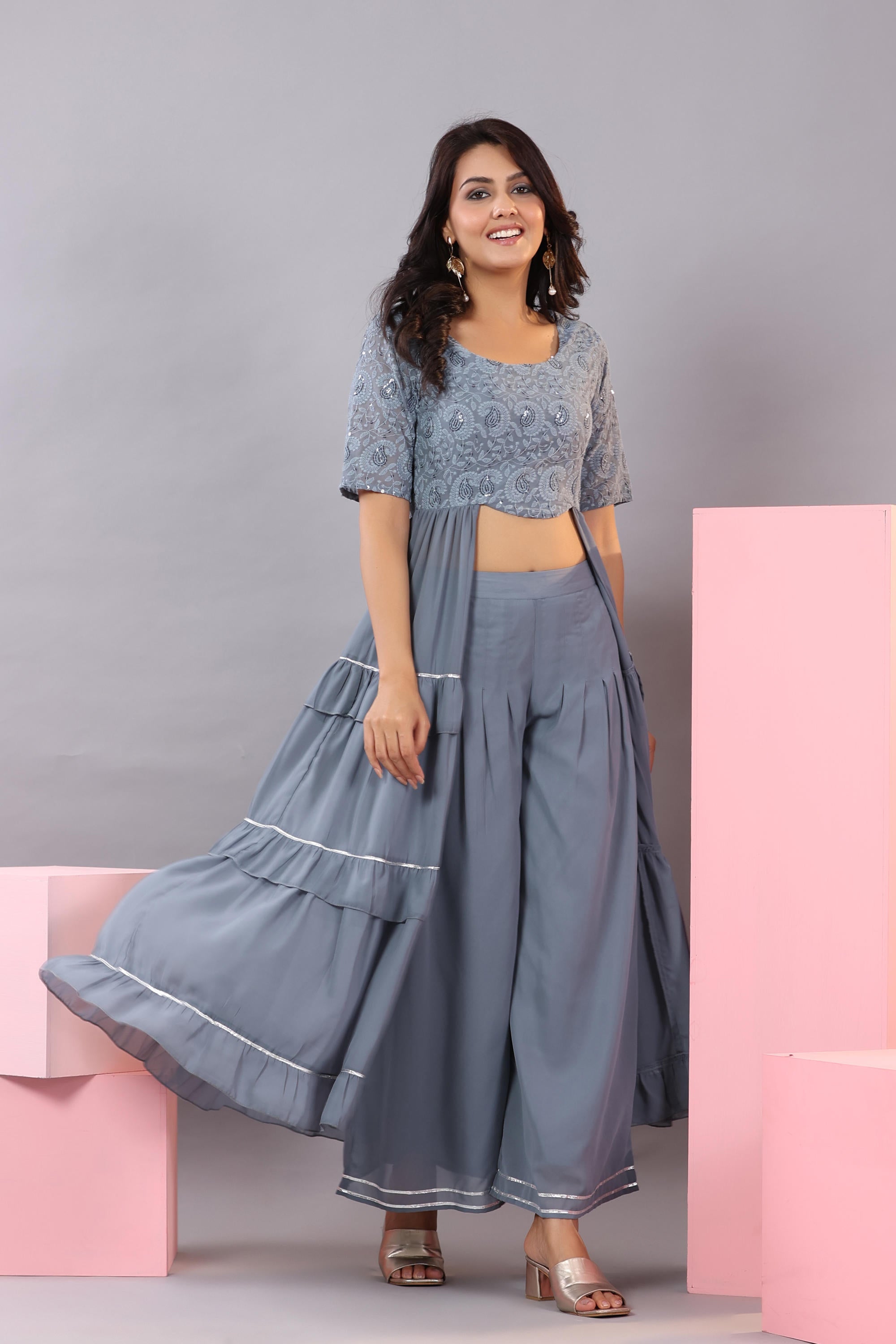 Juniper Women's Grey Thread Embroidered Georgette Dress & Palazzo Set With Sequins & Lace - Distacart