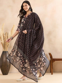 Thumbnail for Anouk Black Floral Printed Thread Work Pure Cotton A-Line Kurta with Trousers & Dupatta