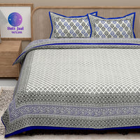 Thumbnail for Blue Black Handblock Printed Cotton 200TC King Bedsheet With 2 Zipper Pillow Covers - King Size by House of Ree