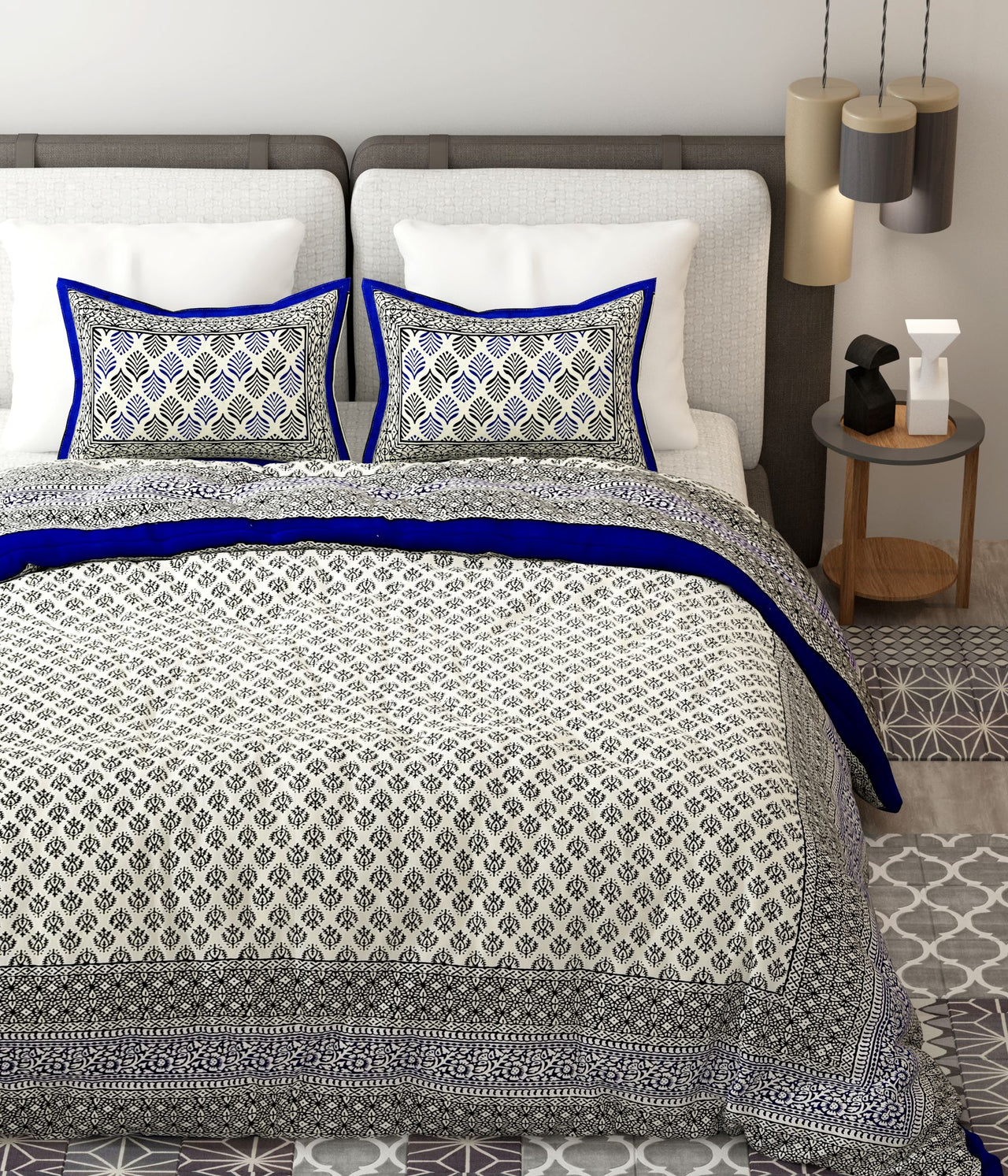 Blue Black Handblock Printed Cotton 200TC King Bedsheet With 2 Zipper Pillow Covers - King Size by House of Ree