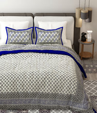 Thumbnail for Blue Black Handblock Printed Cotton 200TC King Bedsheet With 2 Zipper Pillow Covers - King Size by House of Ree