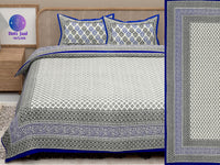 Thumbnail for Blue Black Handblock Printed Cotton 200TC King Bedsheet With 2 Zipper Pillow Covers - King Size by House of Ree