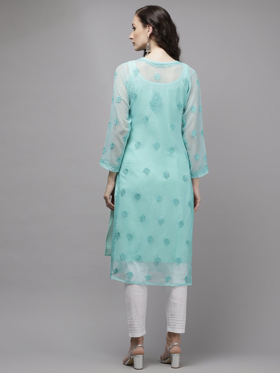ADA Women Sea Green Embroidered Regular Chikankari Handloom Kurta with Trousers - Distacart