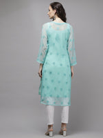 Thumbnail for ADA Women Sea Green Embroidered Regular Chikankari Handloom Kurta with Trousers - Distacart