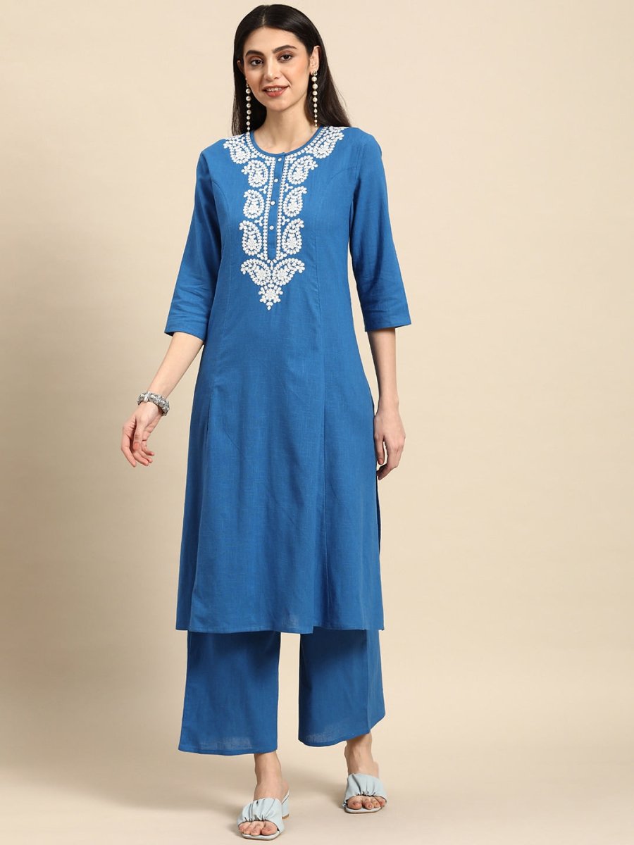 Anouk Women Chikankari Pure Cotton A-Line Kurta with Palazzos - Distacart