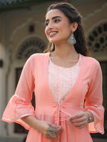 Thumbnail for Juniper Peach Ethnic Motif Printed Rayon Crop Top Palazzo & Shrug With Beads & Sequins Work - Distacart