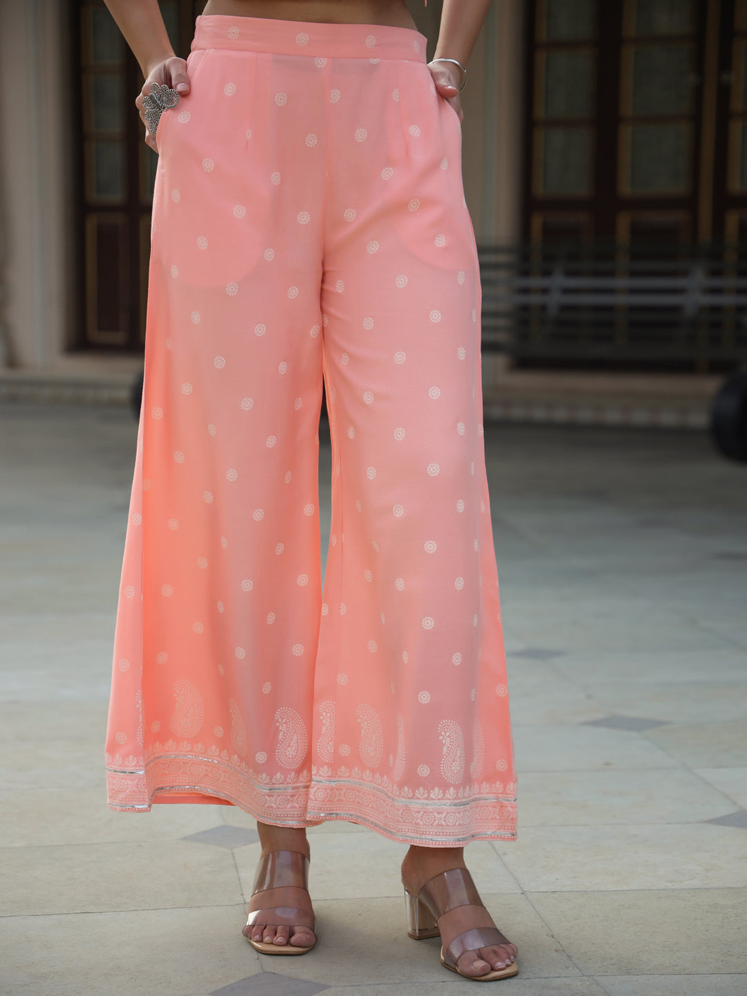 Juniper Peach Ethnic Motif Printed Rayon Crop Top Palazzo & Shrug With Beads & Sequins Work - Distacart