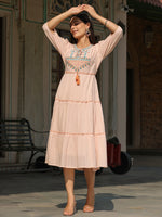 Thumbnail for Juniper Women Peach Cotton Dobby Embroidered Tiered Maxi Dress - Distacart