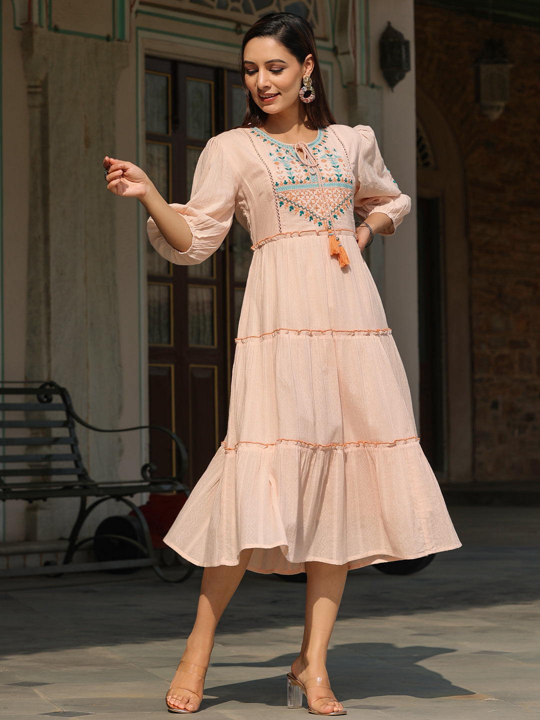 Juniper Women Peach Cotton Dobby Embroidered Tiered Maxi Dress - Distacart