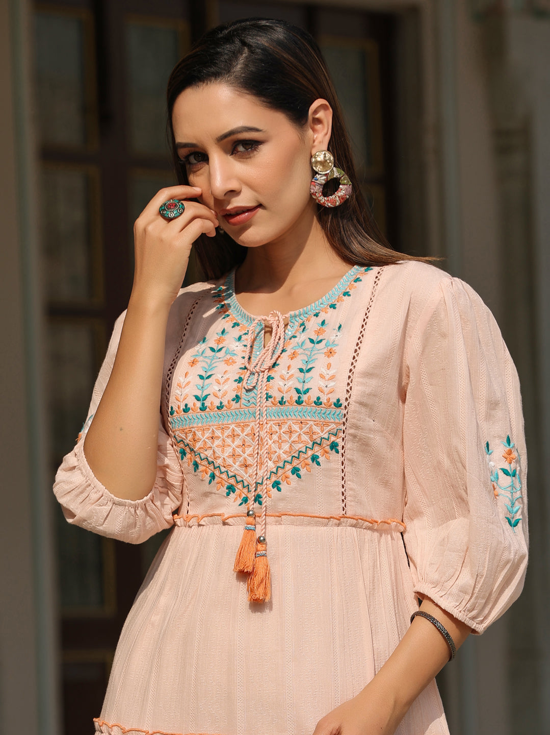 Juniper Women Peach Cotton Dobby Embroidered Tiered Maxi Dress - Distacart