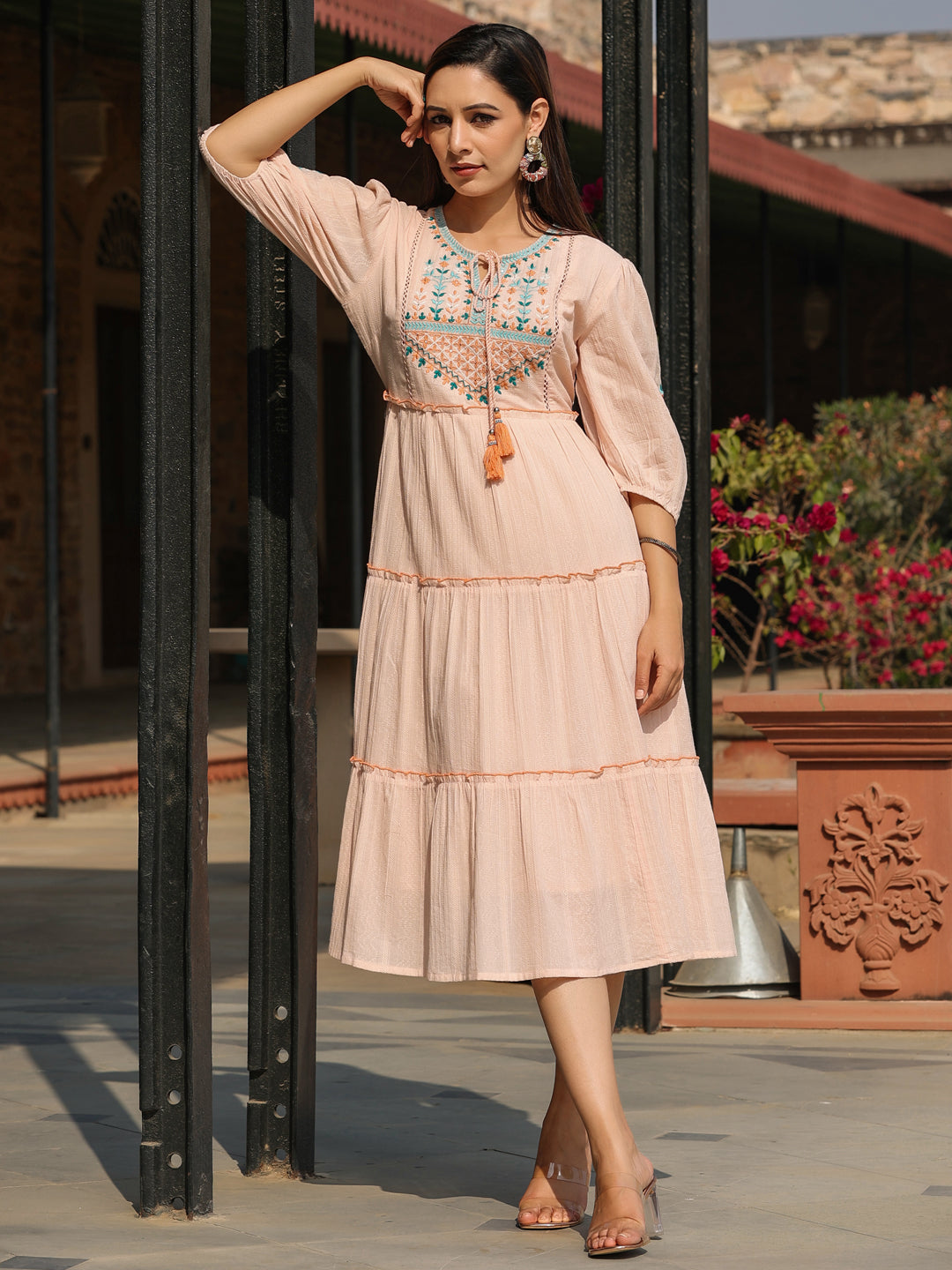 Juniper Women Peach Cotton Dobby Embroidered Tiered Maxi Dress - Distacart