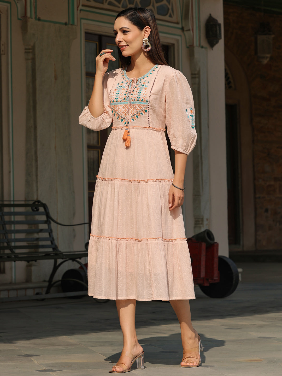 Juniper Women Peach Cotton Dobby Embroidered Tiered Maxi Dress - Distacart