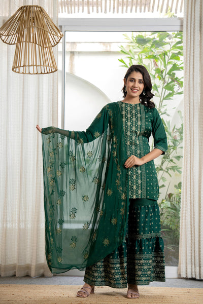 Juniper Women's Green Viscose Rayon Self Design Sharara Set