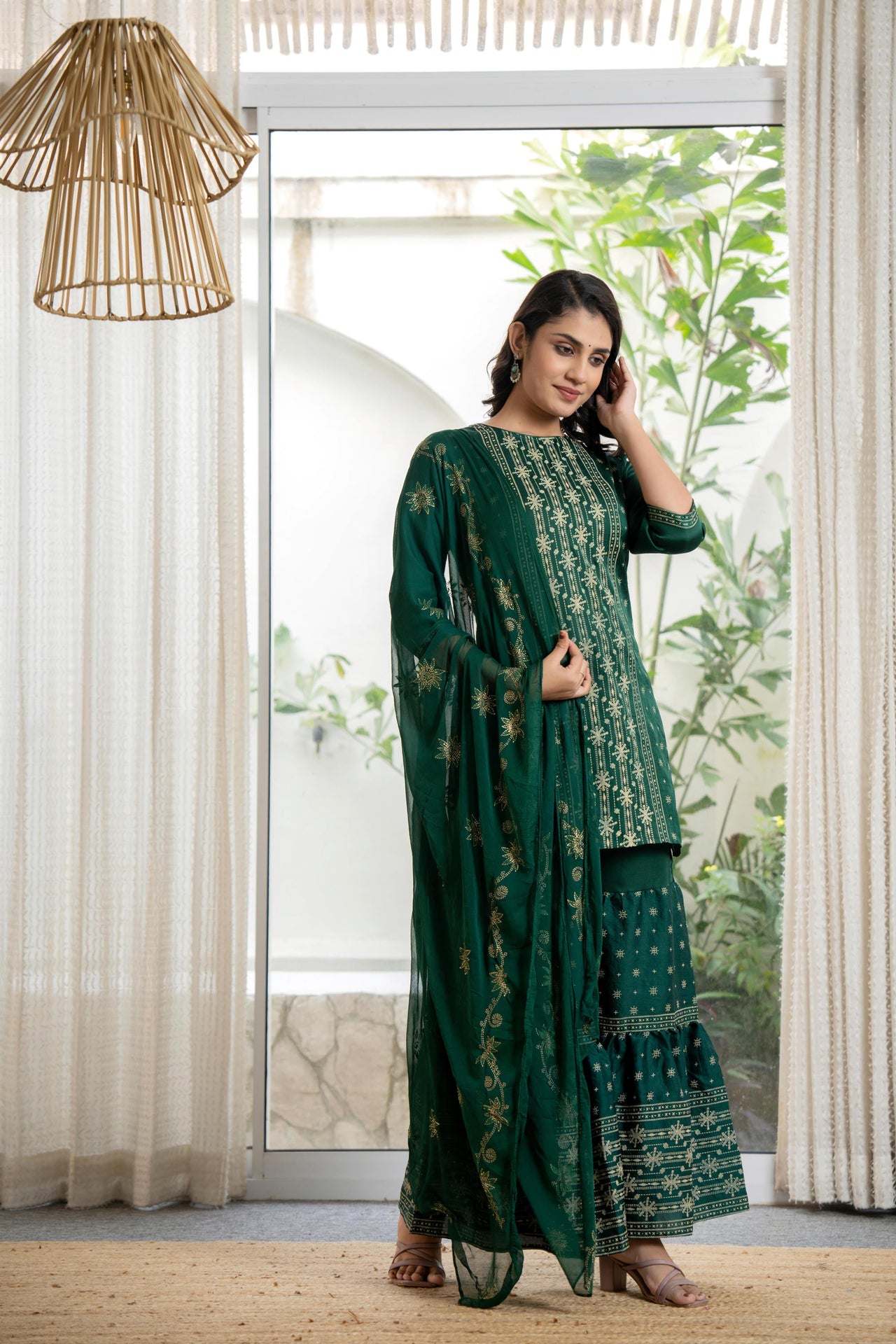 Juniper Women's Green Viscose Rayon Self Design Sharara Set