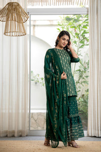 Thumbnail for Juniper Women's Green Viscose Rayon Self Design Sharara Set
