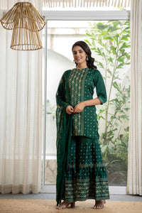 Thumbnail for Juniper Women's Green Viscose Rayon Self Design Sharara Set