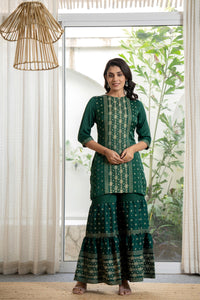 Thumbnail for Juniper Women's Green Viscose Rayon Self Design Sharara Set