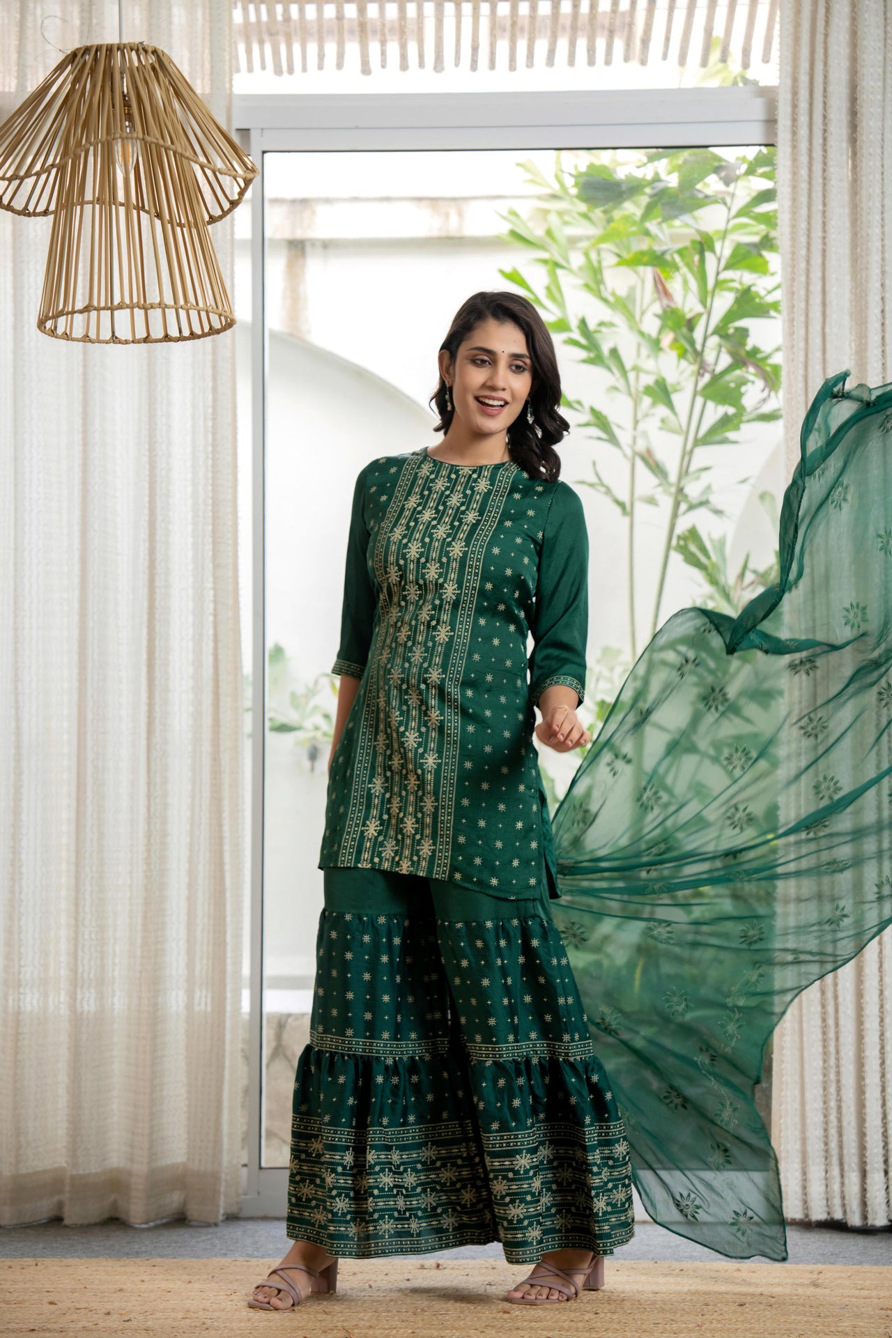 Juniper Women's Green Viscose Rayon Self Design Sharara Set