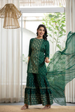 Thumbnail for Juniper Women's Green Viscose Rayon Self Design Sharara Set - Distacart