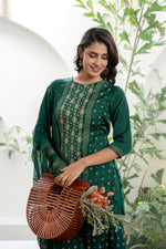 Thumbnail for Juniper Women's Green Viscose Rayon Self Design Sharara Set - Distacart