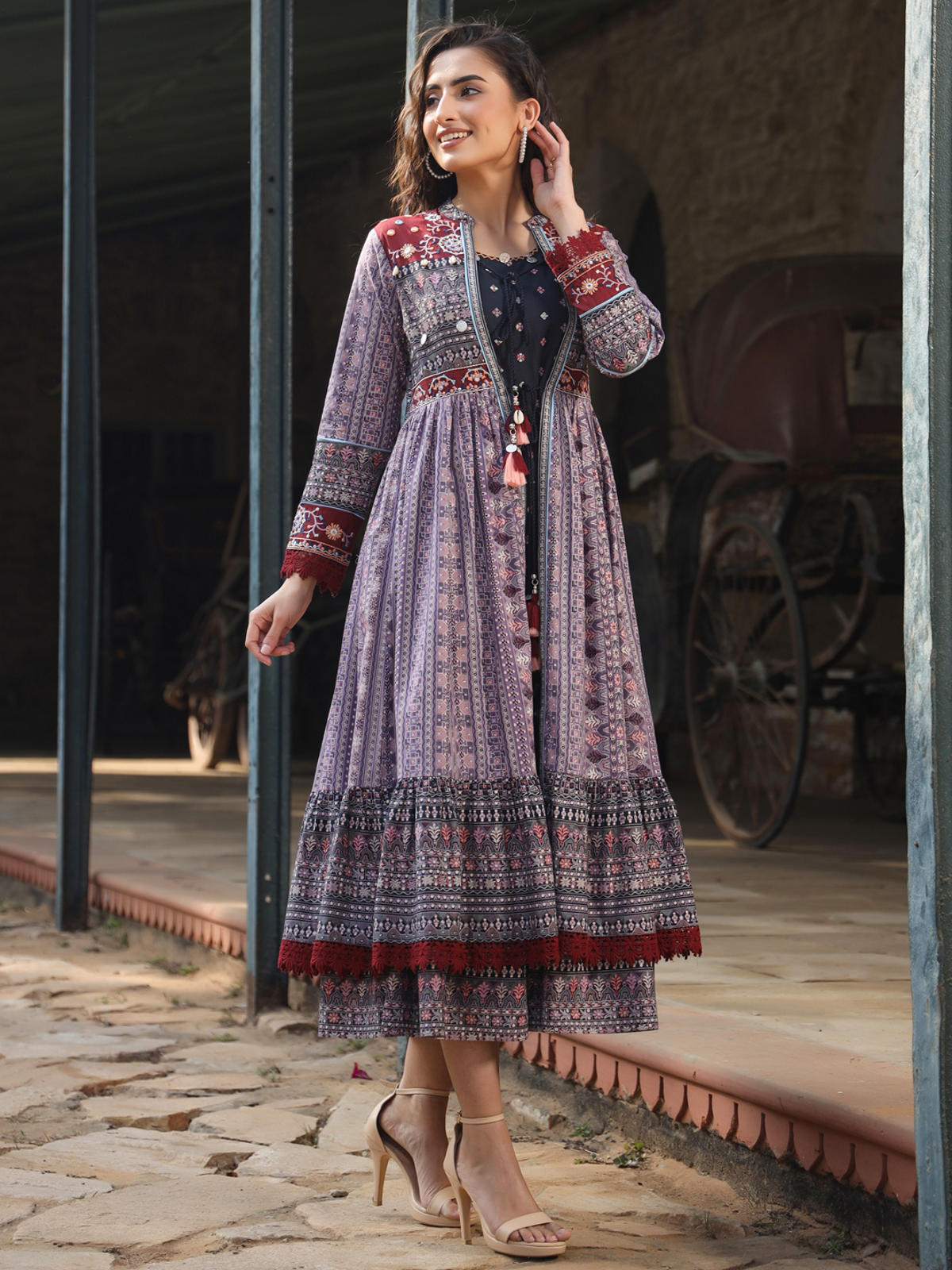 Juniper Women's Juniper Women's Lavender Cambric Printed With Embroidery Flared Dress - Distacart