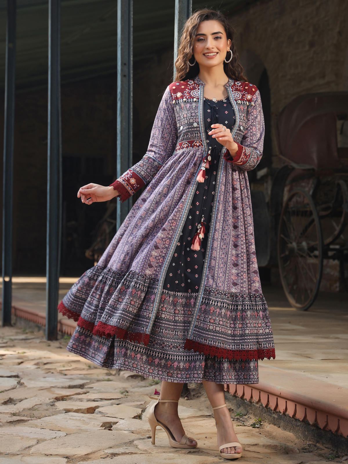 Juniper Women's Juniper Women's Lavender Cambric Printed With Embroidery Flared Dress - Distacart