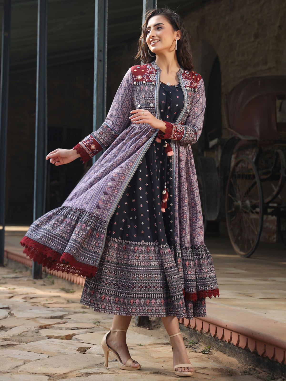 Juniper Women's Juniper Women's Lavender Cambric Printed With Embroidery Flared Dress - Distacart