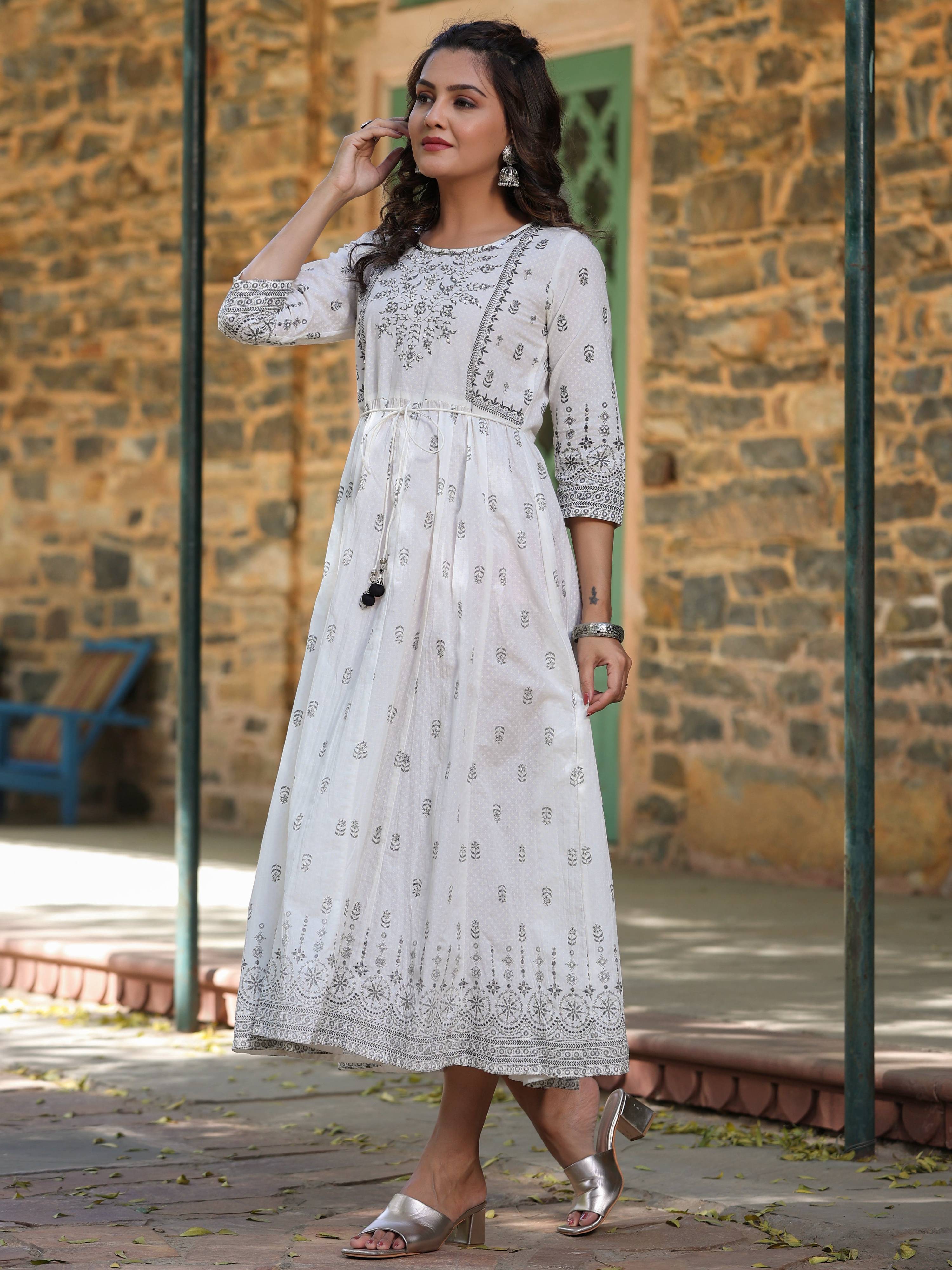 Juniper White Pure Cotton Printed Kurta, Sharara & Dupatta Set With Beads & Sequins - Distacart