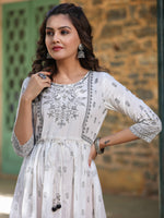 Thumbnail for Juniper White Pure Cotton Printed Kurta, Sharara & Dupatta Set With Beads & Sequins - Distacart
