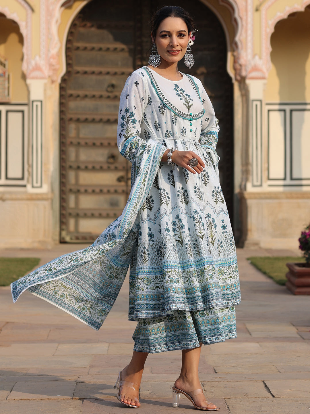 Juniper Sky Blue Ethnic Motif Printed Pure Cotton Layered Dress & Kota Dupatta Set With Thread Work - Distacart
