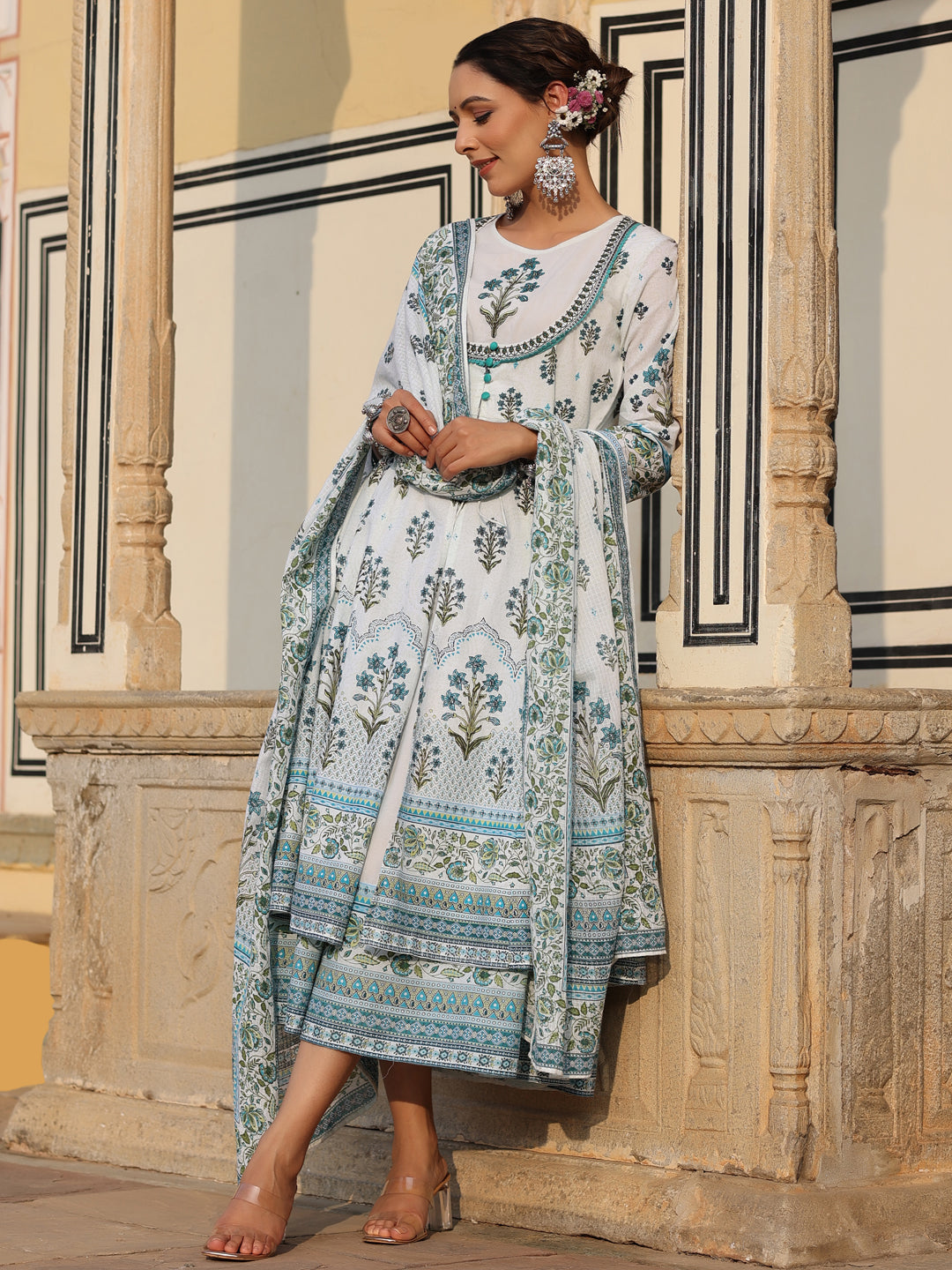 Juniper Sky Blue Ethnic Motif Printed Pure Cotton Layered Dress & Kota Dupatta Set With Thread Work - Distacart