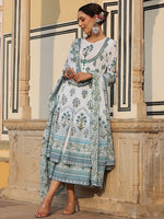 Thumbnail for Juniper Sky Blue Ethnic Motif Printed Pure Cotton Layered Dress & Kota Dupatta Set With Thread Work - Distacart