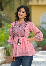 Thumbnail for Juniper Women's Peach Ethnic Motif Printed Georgette Tunic With Sequins & Doris - Distacart