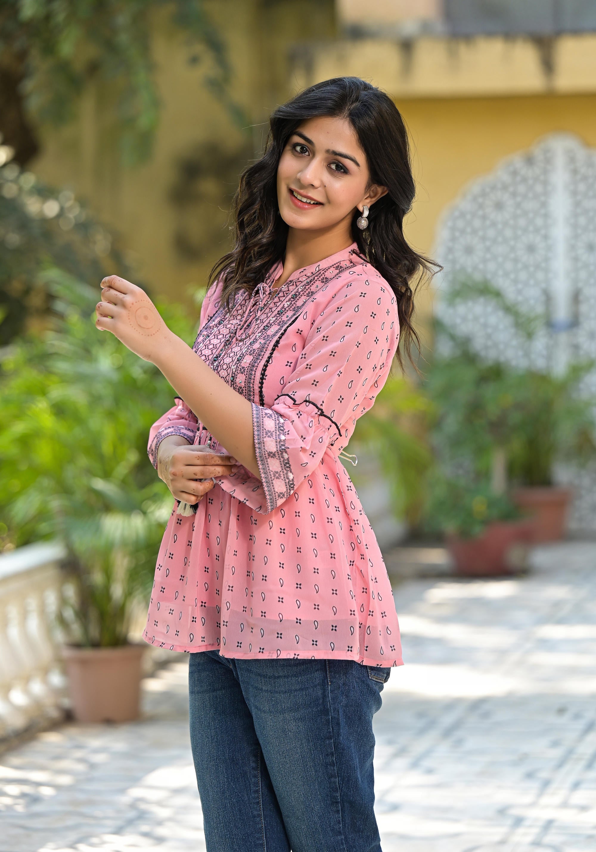 Juniper Women's Peach Ethnic Motif Printed Georgette Tunic With Sequins & Doris - Distacart