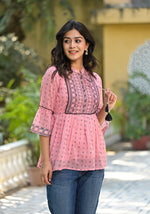 Thumbnail for Juniper Women's Peach Ethnic Motif Printed Georgette Tunic With Sequins & Doris - Distacart