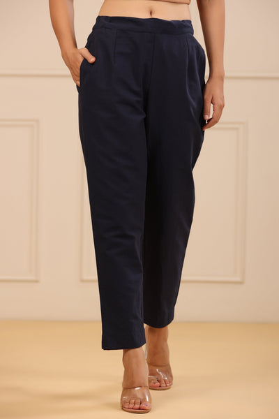 Juniper Navy Blue Cotton Solid Slim Fit Pants With Partially Elasticated Waistband - Distacart