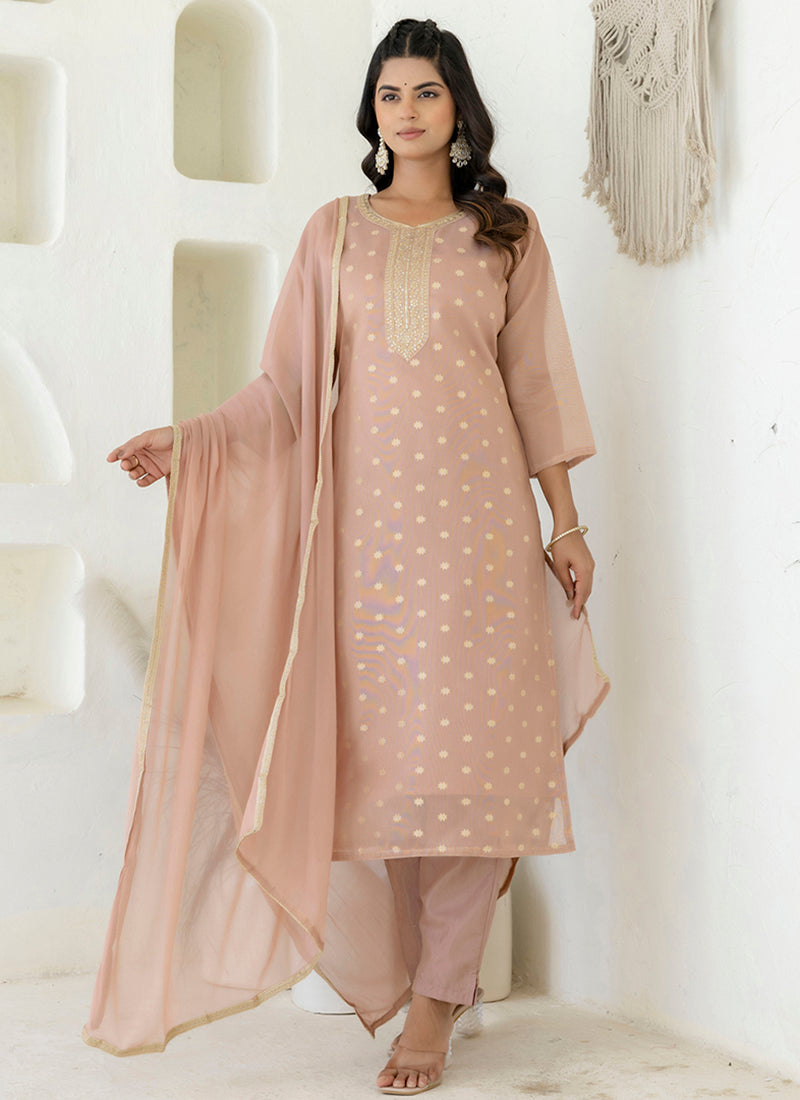 Vellora Chanderi Silk Peach Casual Wear Embroidery Work Readymade Salwar Suit