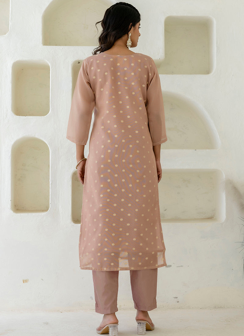 Vellora Chanderi Silk Peach Casual Wear Embroidery Work Readymade Salwar Suit