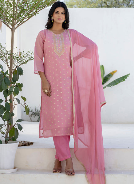 Vellora Chanderi Silk Pink Casual Wear Embroidery Work Readymade Salwar Suit
