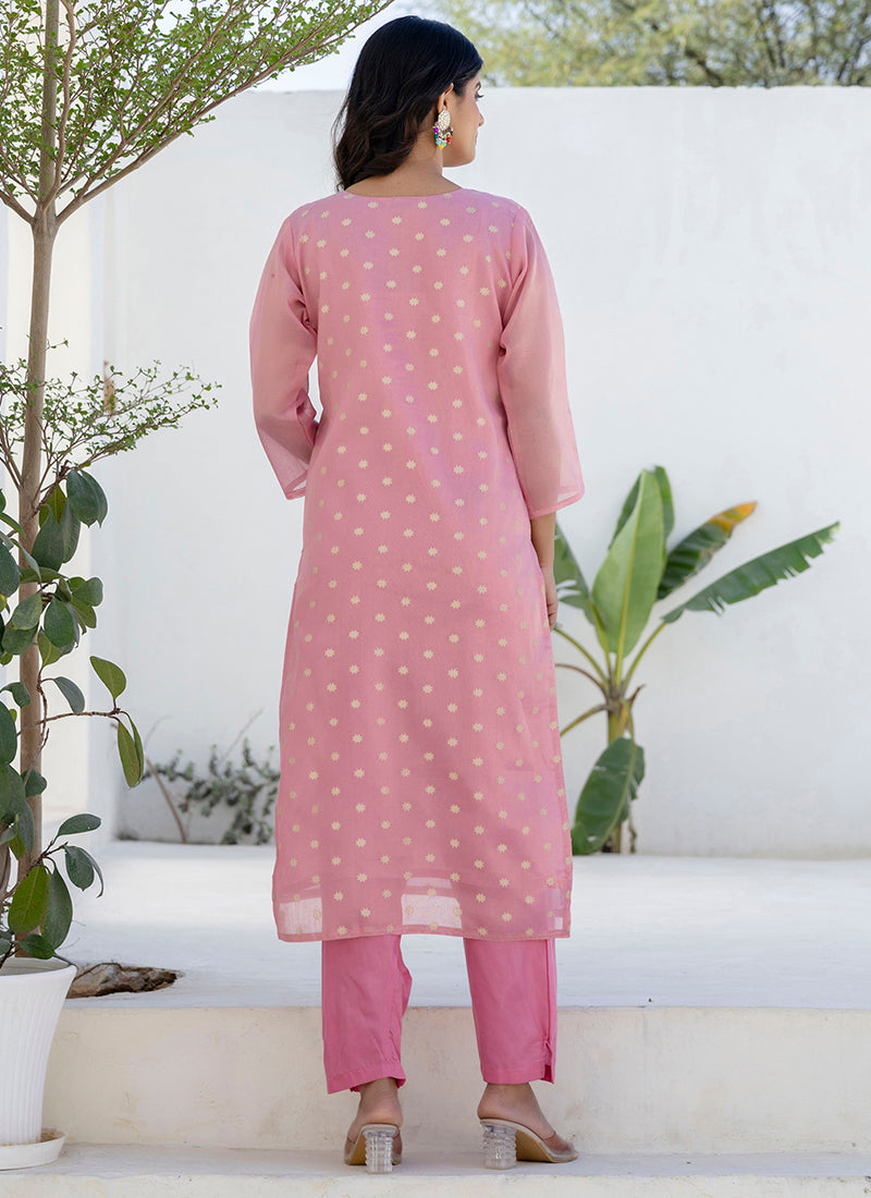 Vellora Chanderi Silk Pink Casual Wear Embroidery Work Readymade Salwar Suit