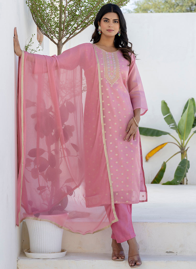 Vellora Chanderi Silk Pink Casual Wear Embroidery Work Readymade Salwar Suit