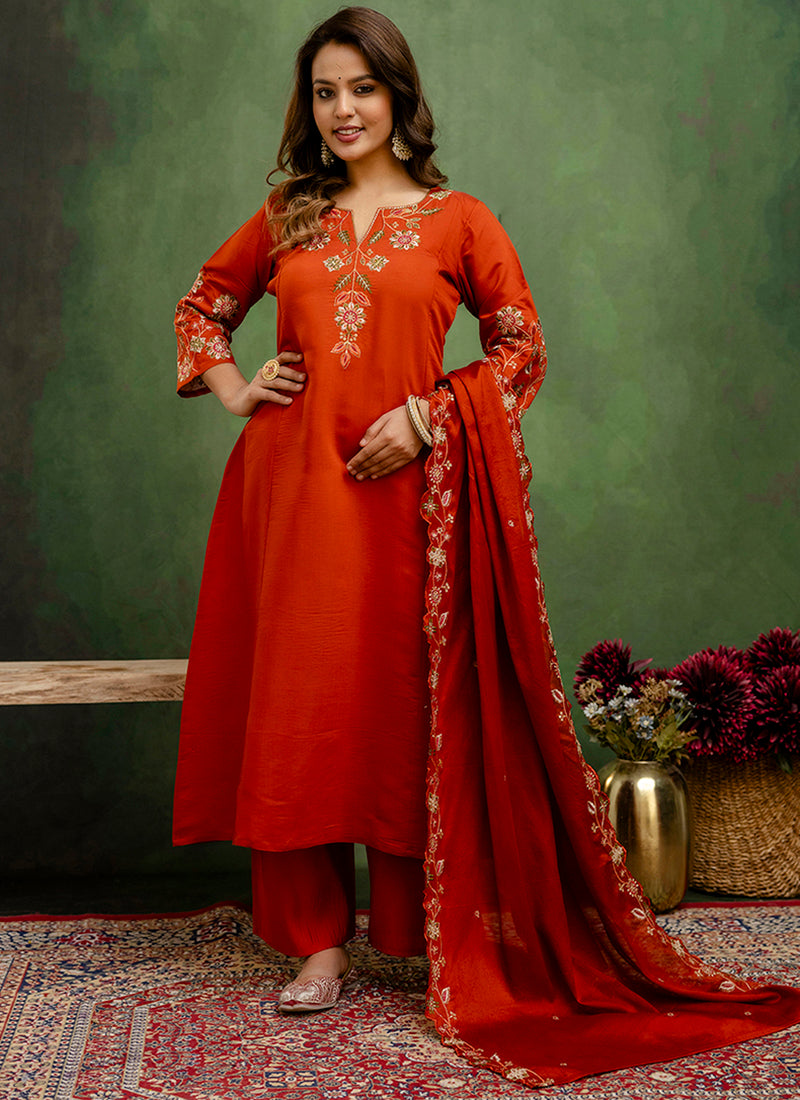 Vellora Silk Blend Rust Orange Party Wear Embroidery Work Readymade Salwar Suit