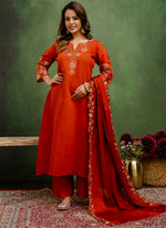 Thumbnail for Vellora Silk Blend Rust Orange Party Wear Embroidery Work Readymade Salwar Suit