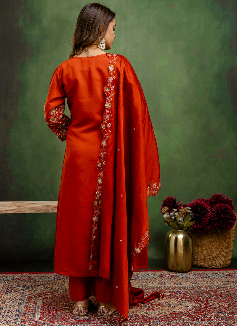 Vellora Silk Blend Rust Orange Party Wear Embroidery Work Readymade Salwar Suit