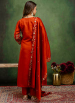 Thumbnail for Vellora Silk Blend Rust Orange Party Wear Embroidery Work Readymade Salwar Suit